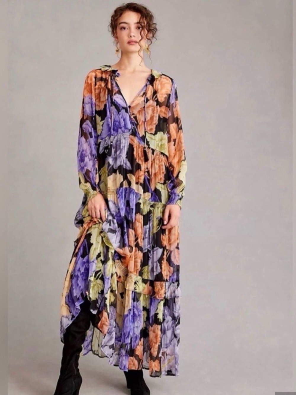 Anthropologie Floral Tiered Maxi Dress - Black, Purple, Orange, Green